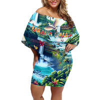 Wailua Falls Hawaii Family Matching Off Shoulder Short Dress and Hawaiian Shirt Kauai Natural Beauty DT02 Mom's Dress Art - Polynesian Pride
