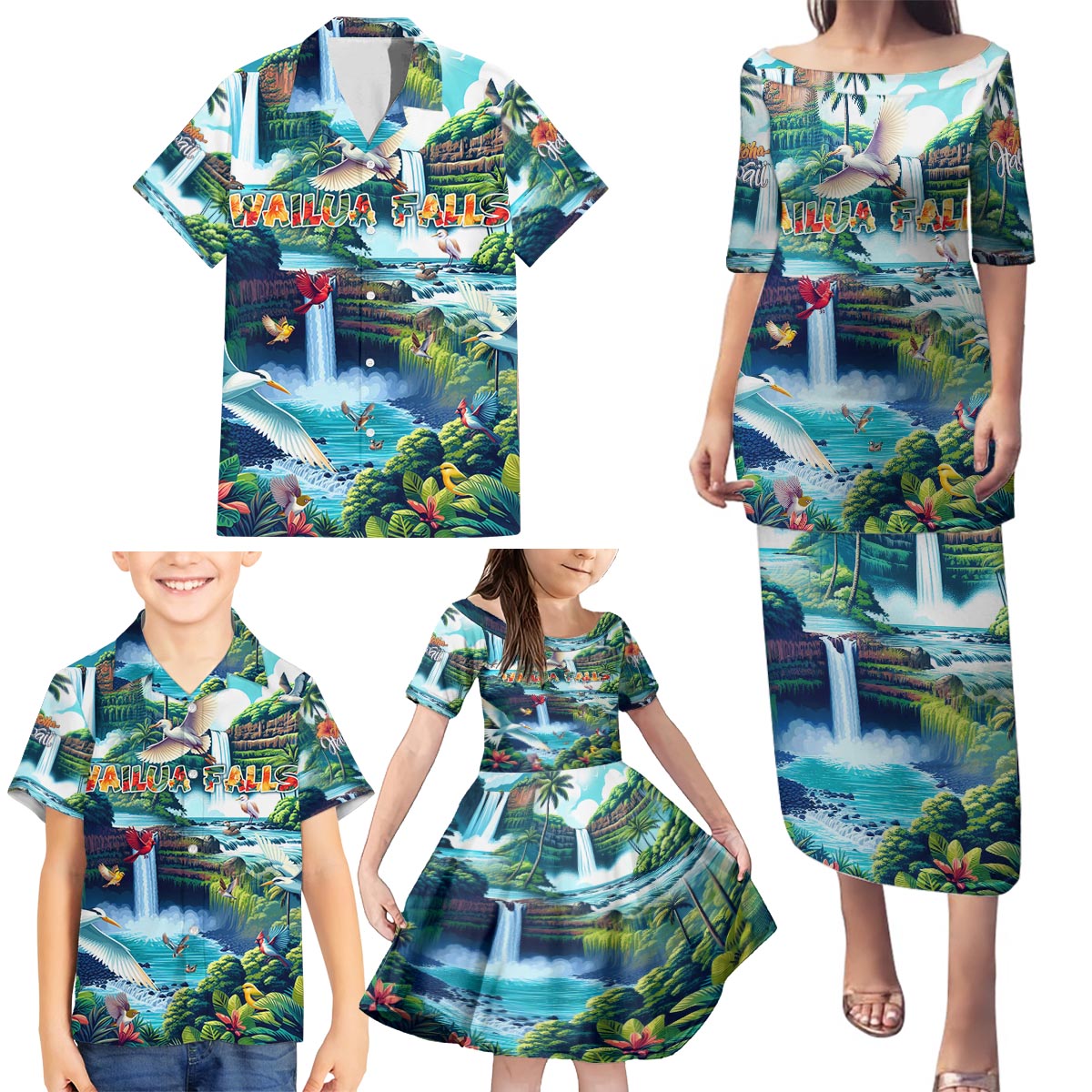 Wailua Falls Hawaii Family Matching Puletasi and Hawaiian Shirt Kauai Natural Beauty DT02 - Polynesian Pride