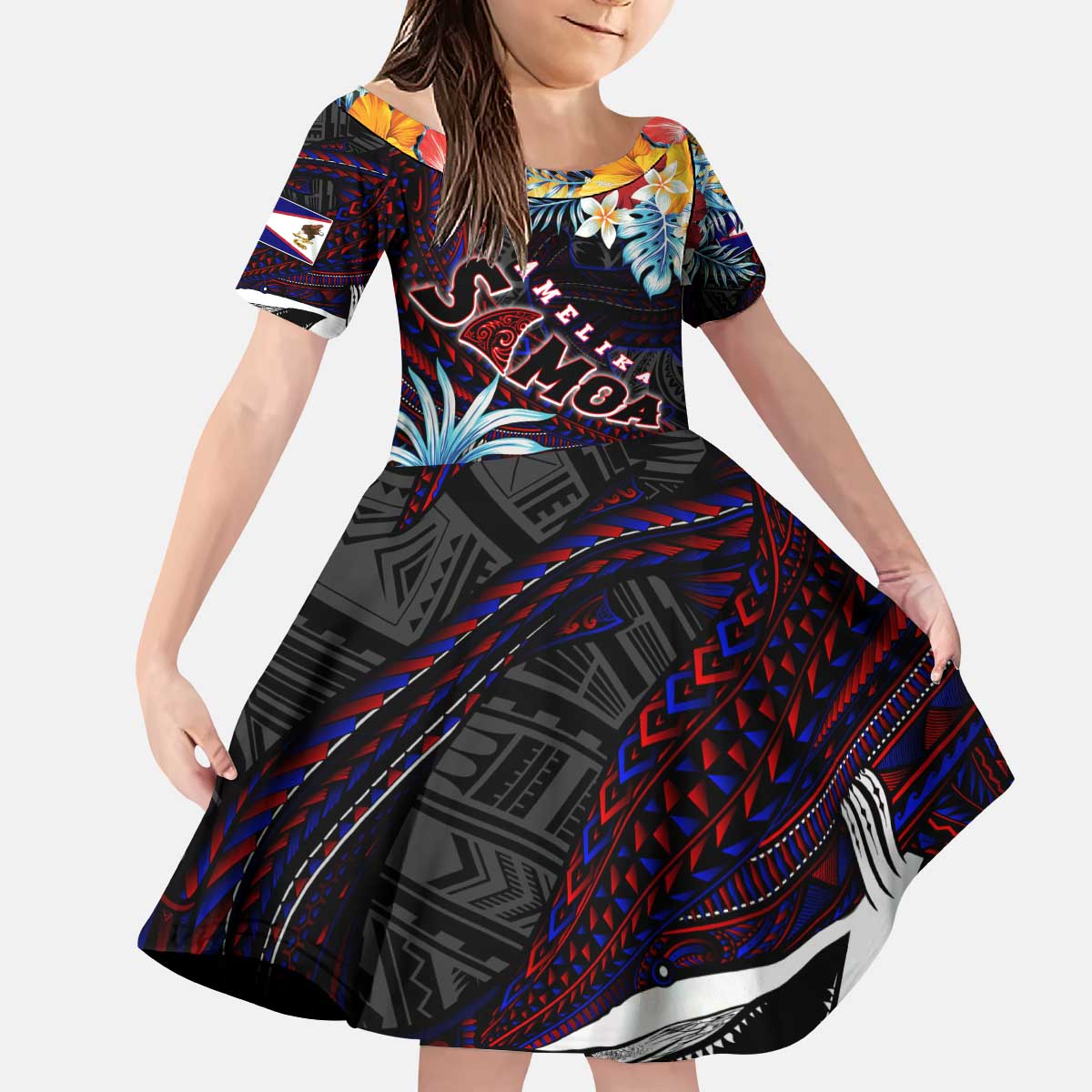 Personalized Amelika Samoa Sharks Polynesia Family Matching Puletasi and Hawaiian Shirt American Samoa DT02 Daughter's Dress Black - Polynesian Pride
