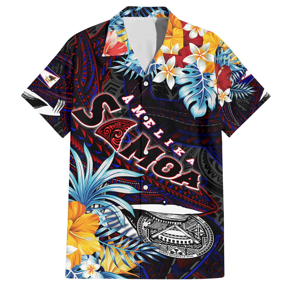 Personalized Amelika Samoa Sharks Polynesia Family Matching Puletasi and Hawaiian Shirt American Samoa DT02 Dad's Shirt - Short Sleeve Black - Polynesian Pride