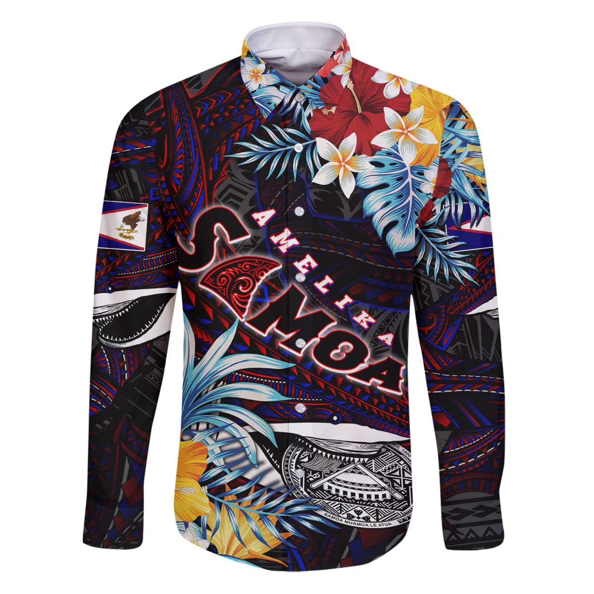 Personalized Amelika Samoa Sharks Polynesia Family Matching Puletasi and Hawaiian Shirt American Samoa DT02 Dad's Shirt - Long Sleeve Black - Polynesian Pride