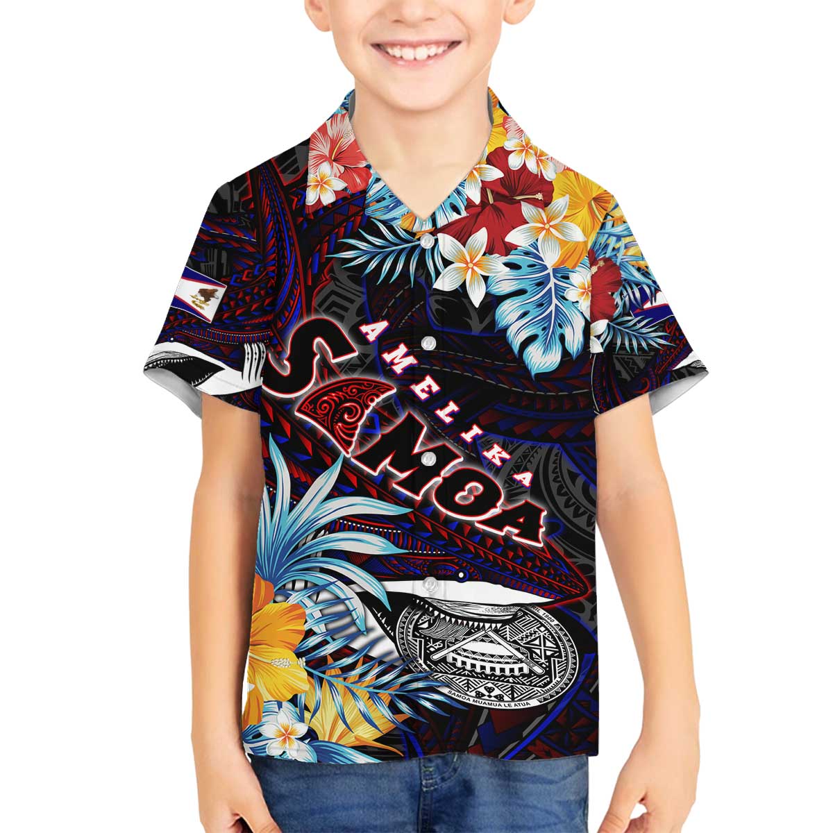 Personalized Amelika Samoa Sharks Polynesia Family Matching Puletasi and Hawaiian Shirt American Samoa DT02 Son's Shirt Black - Polynesian Pride