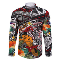 Personalized American Samoa Warrior Family Matching Off Shoulder Maxi Dress and Hawaiian Shirt Shark Turtle Polynesian Tattoo