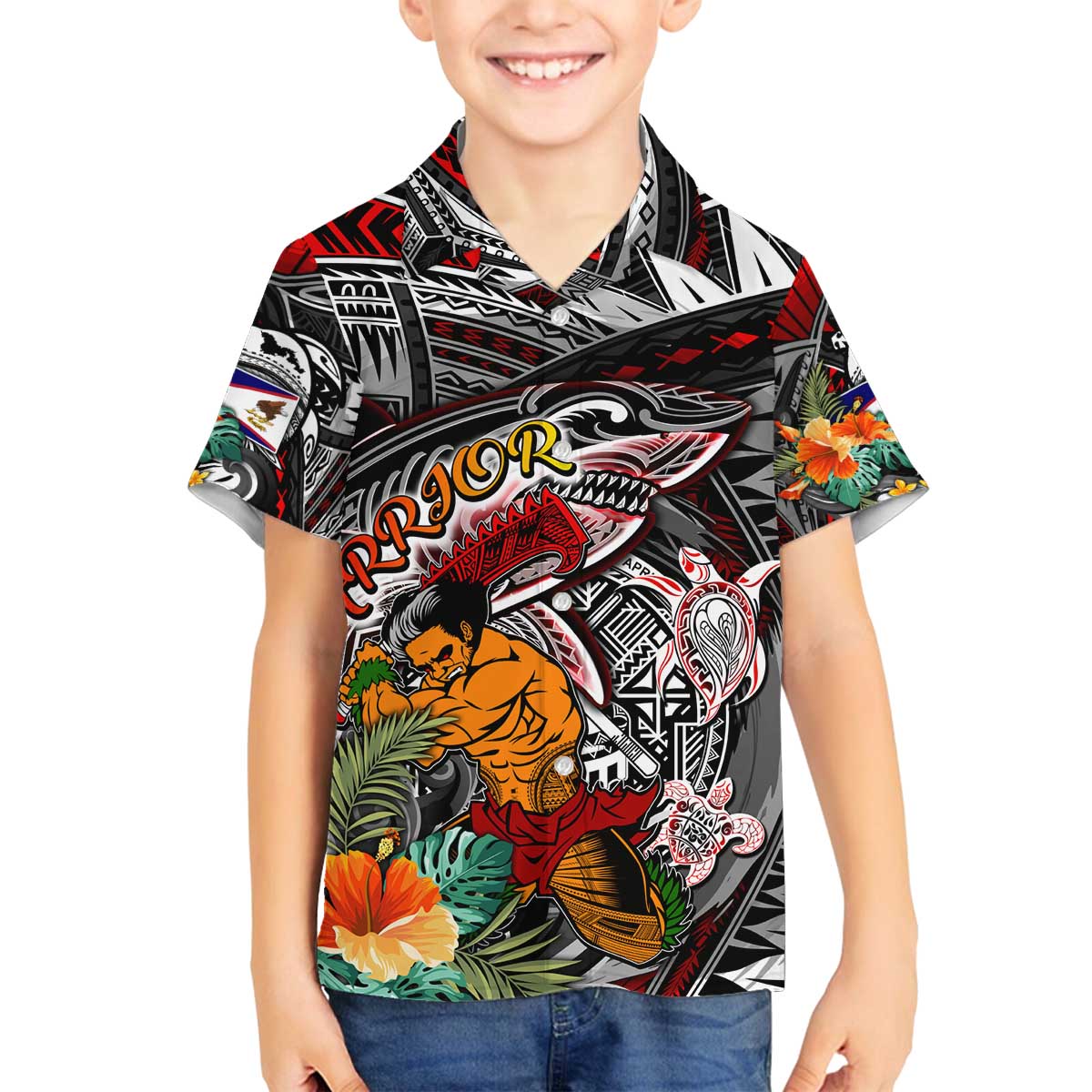 Personalized American Samoa Warrior Family Matching Puletasi and Hawaiian Shirt Shark Turtle Polynesian Tattoo