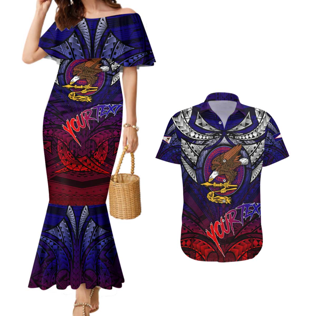 Personalized American Samoa Flag Couples Matching Mermaid Dress and Hawaiian Shirt Eagles Polynesian Art DT02 Blue - Polynesian Pride