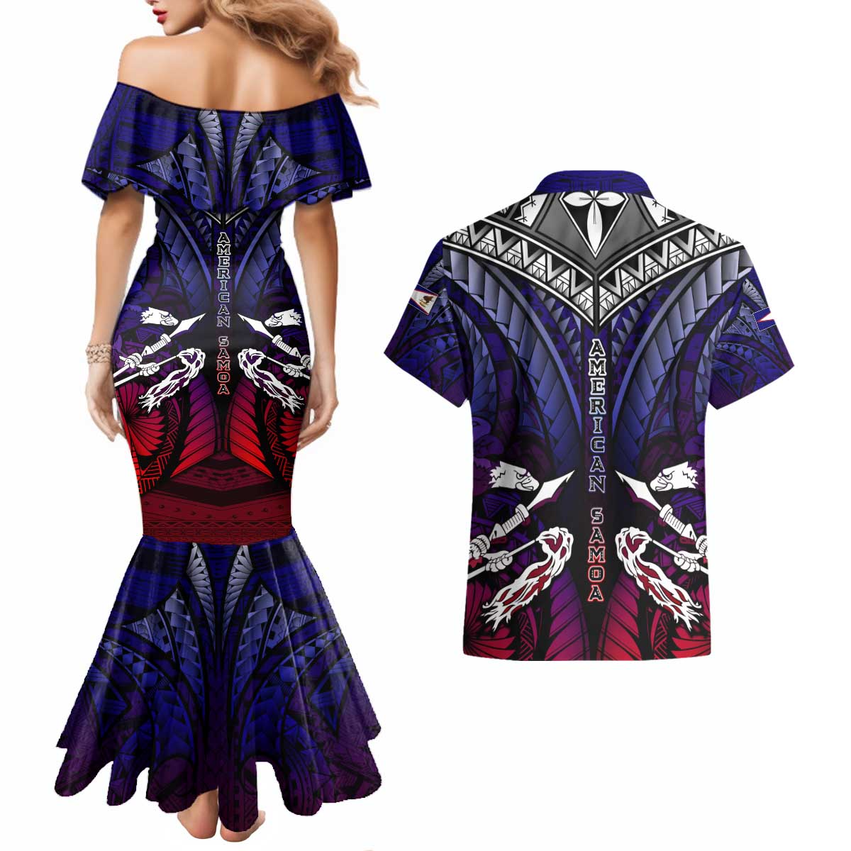 Personalized American Samoa Flag Couples Matching Mermaid Dress and Hawaiian Shirt Eagles Polynesian Art DT02 - Polynesian Pride