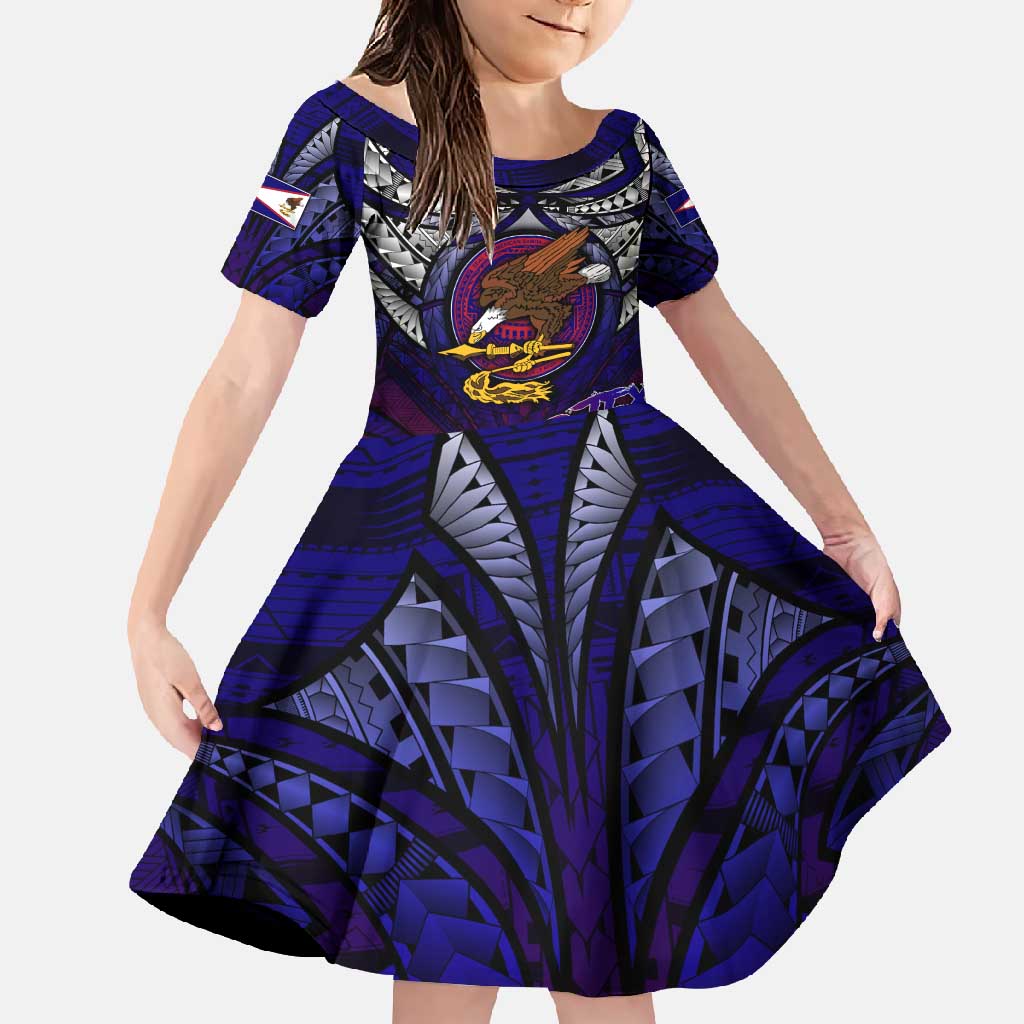 Personalized American Samoa Flag Family Matching Mermaid Dress and Hawaiian Shirt Eagles Polynesian Art DT02 Daughter's Dress Blue - Polynesian Pride