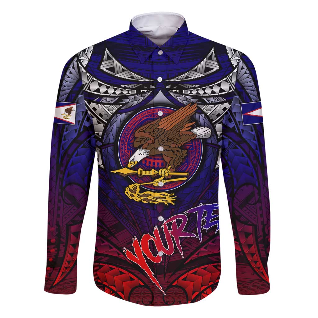 Personalized American Samoa Flag Family Matching Mermaid Dress and Hawaiian Shirt Eagles Polynesian Art DT02 Dad's Shirt - Long Sleeve Blue - Polynesian Pride