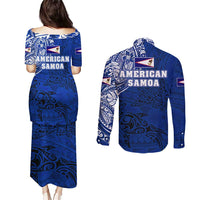 Sharks And American Samoa Couples Matching Puletasi and Long Sleeve Button Shirt Simple Polynesian Blue