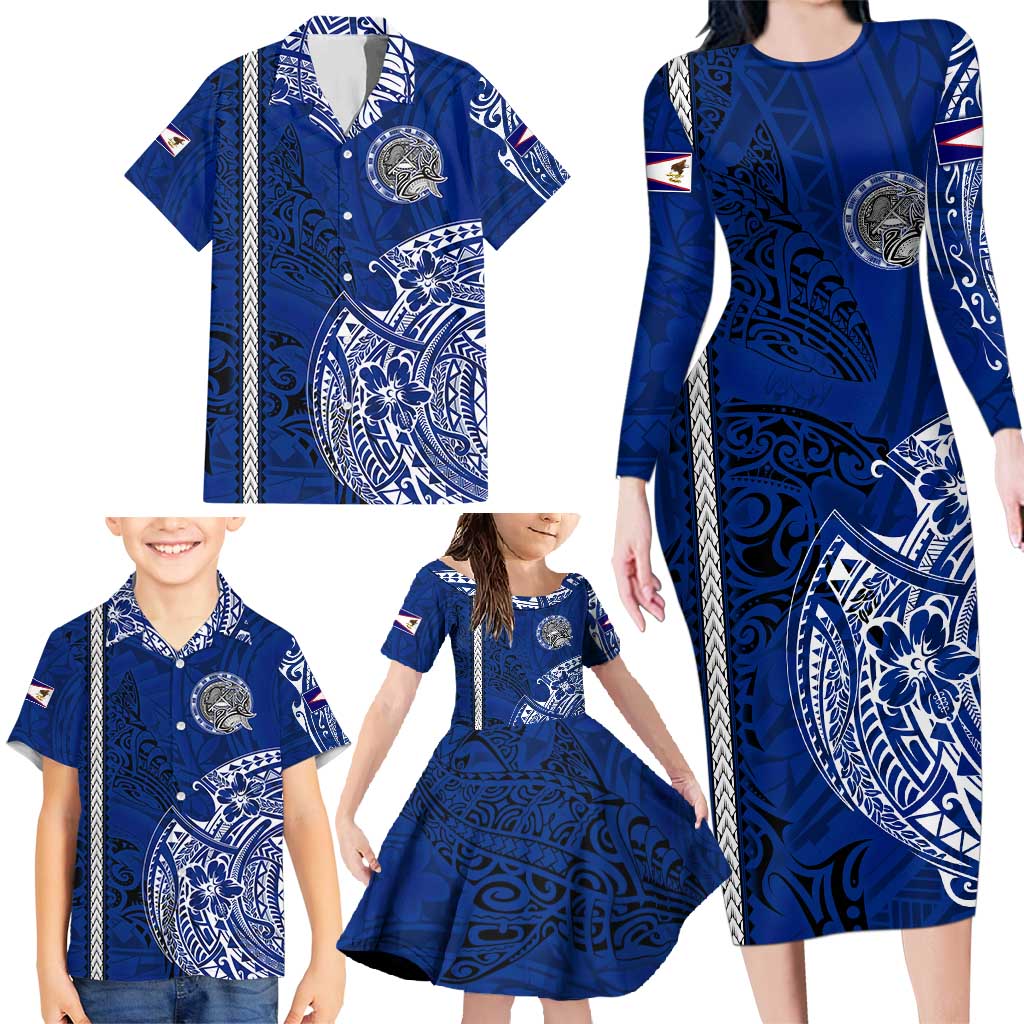 Sharks And American Samoa Family Matching Long Sleeve Bodycon Dress and Hawaiian Shirt Simple Polynesian Blue DT02 - Polynesian Pride