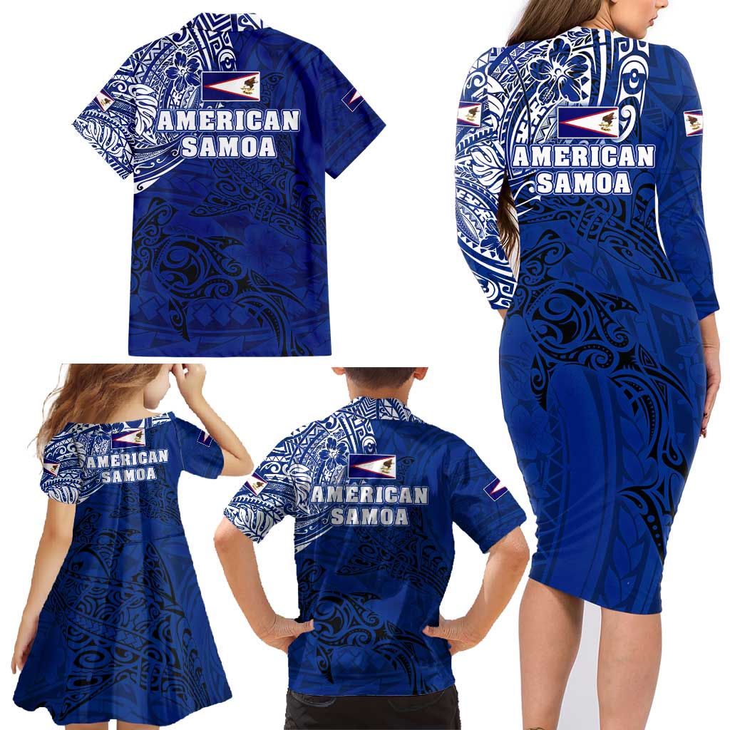 Sharks And American Samoa Family Matching Long Sleeve Bodycon Dress and Hawaiian Shirt Simple Polynesian Blue DT02 - Polynesian Pride