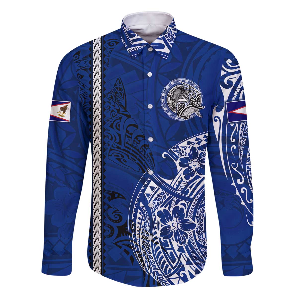 Sharks And American Samoa Family Matching Off The Shoulder Long Sleeve Dress and Hawaiian Shirt Simple Polynesian Blue DT02 Dad's Shirt - Long Sleeve Blue - Polynesian Pride