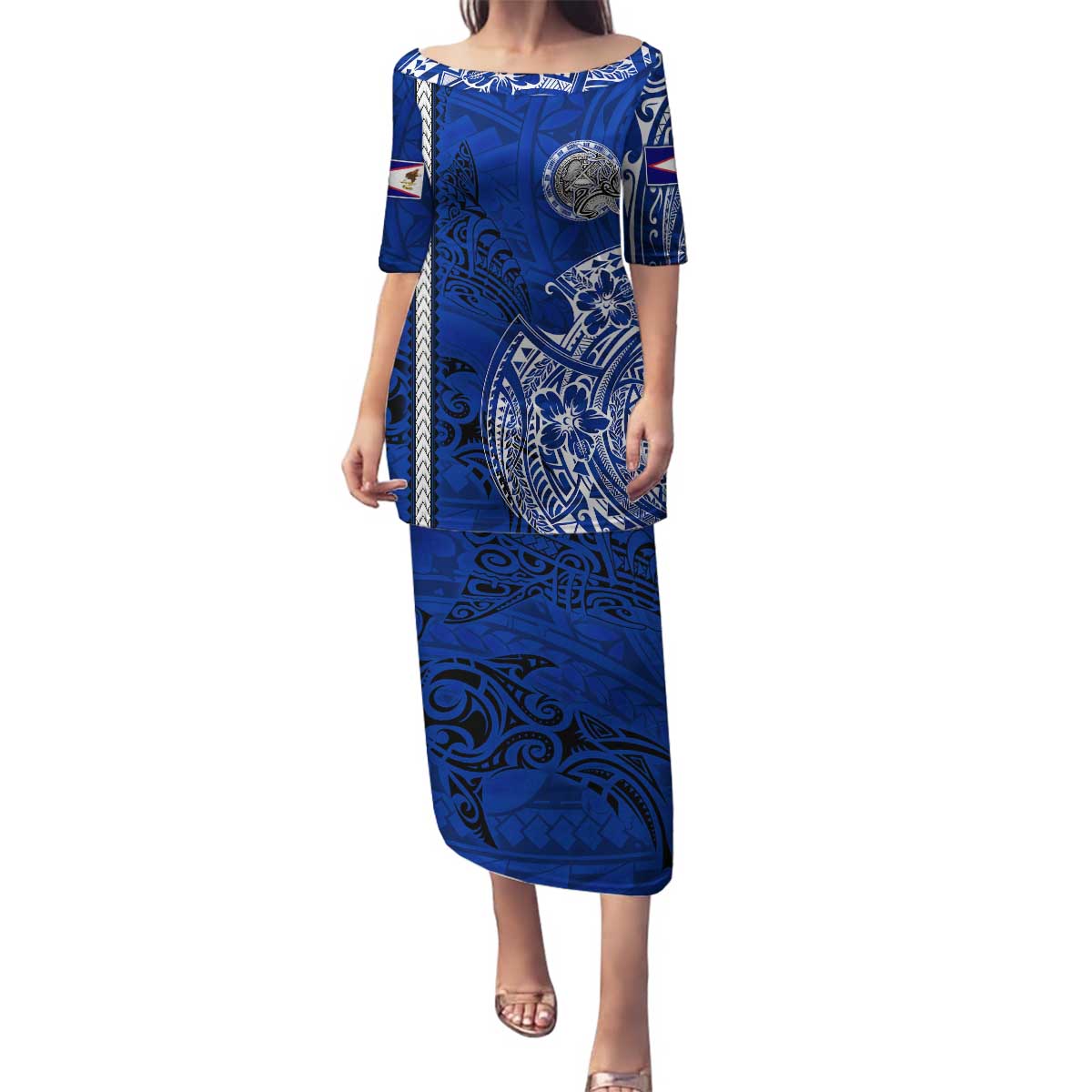 Sharks And American Samoa Family Matching Puletasi and Hawaiian Shirt Simple Polynesian Blue