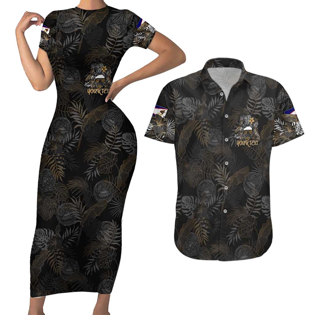 Personalized Shaka Girls America Samoa Couples Matching Short Sleeve Bodycon Dress and Hawaiian Shirt Tropical Flowers Vintage DT02 Black - Polynesian Pride