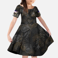 Personalized Shaka Girls America Samoa Family Matching Off The Shoulder Long Sleeve Dress and Hawaiian Shirt Tropical Flowers Vintage DT02 Daughter's Dress Black - Polynesian Pride