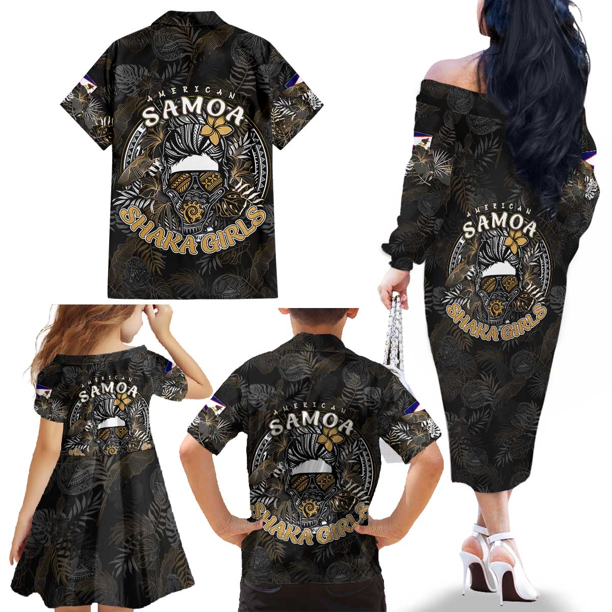 Personalized Shaka Girls America Samoa Family Matching Off The Shoulder Long Sleeve Dress and Hawaiian Shirt Tropical Flowers Vintage DT02 - Polynesian Pride