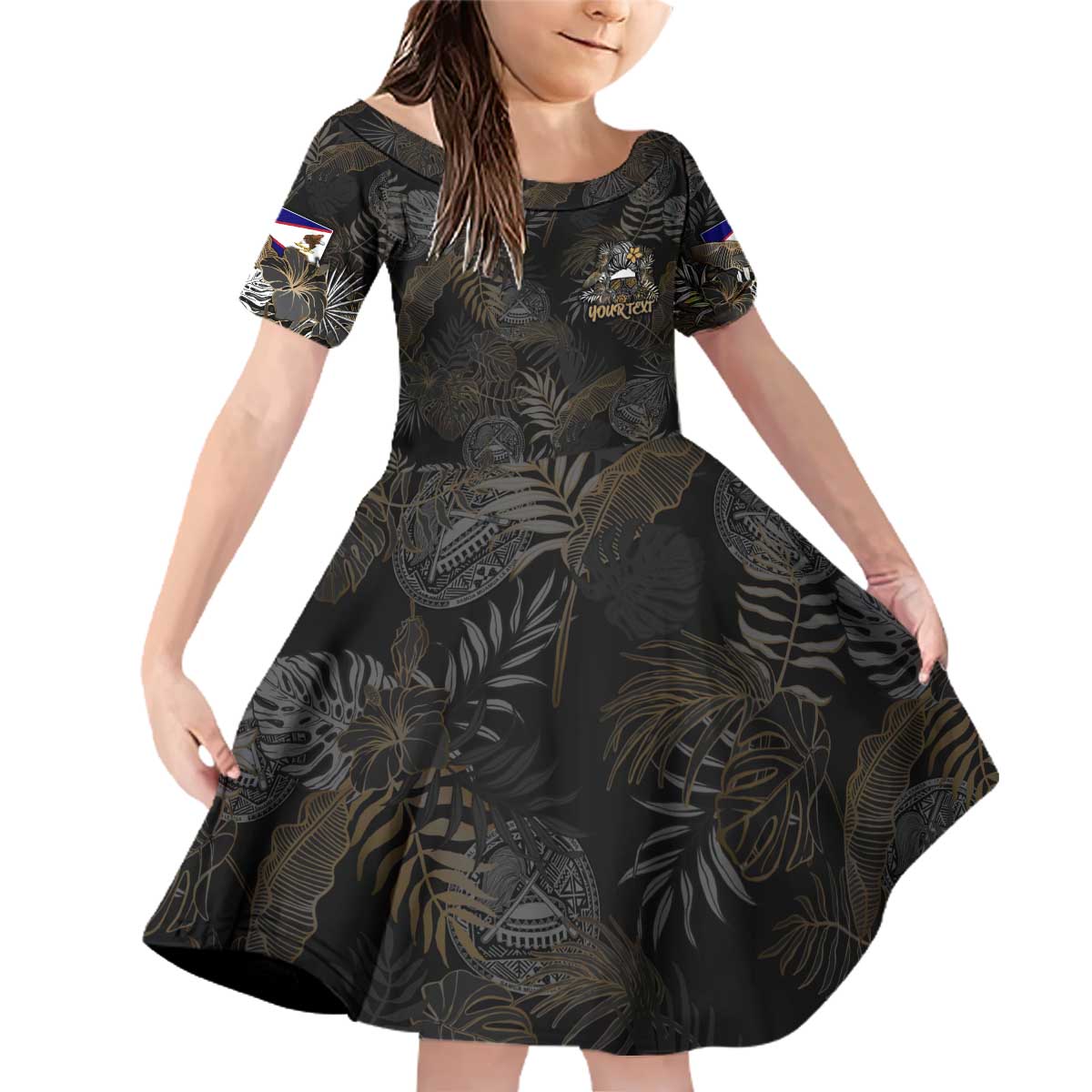 Personalized Shaka Girls America Samoa Family Matching Off Shoulder Short Dress and Hawaiian Shirt Tropical Flowers Vintage DT02 Daughter's Dress Black - Polynesian Pride