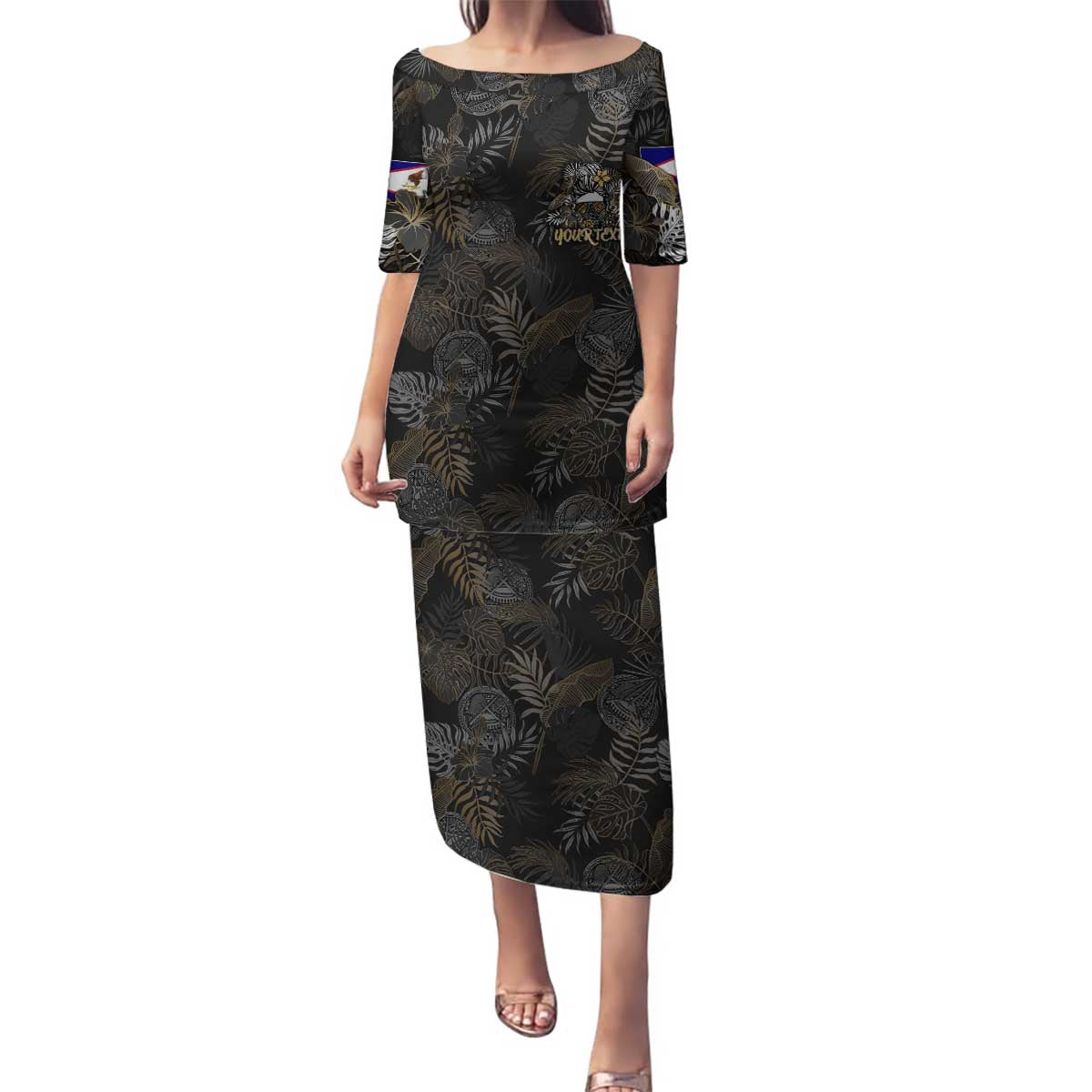 Personalized Shaka Girls America Samoa Family Matching Puletasi and Hawaiian Shirt Tropical Flowers Vintage DT02 Mom's Dress Black - Polynesian Pride