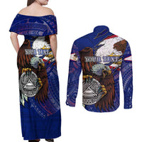 American Samoa Couples Matching Off Shoulder Maxi Dress and Long Sleeve Button Shirt Brave Eagle Flag Color