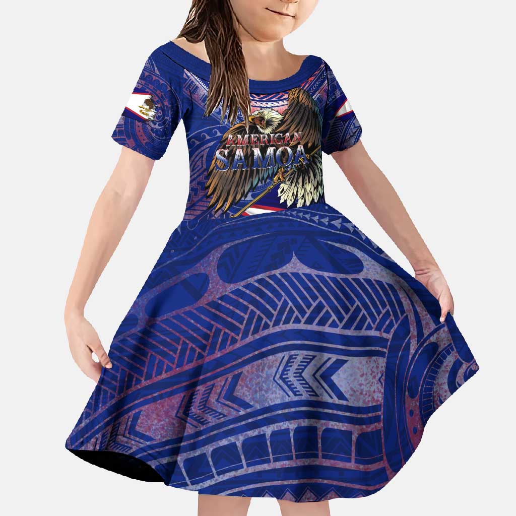 American Samoa Family Matching Long Sleeve Bodycon Dress and Hawaiian Shirt Brave Eagle Flag Color DT02 Daughter's Dress Blue - Polynesian Pride
