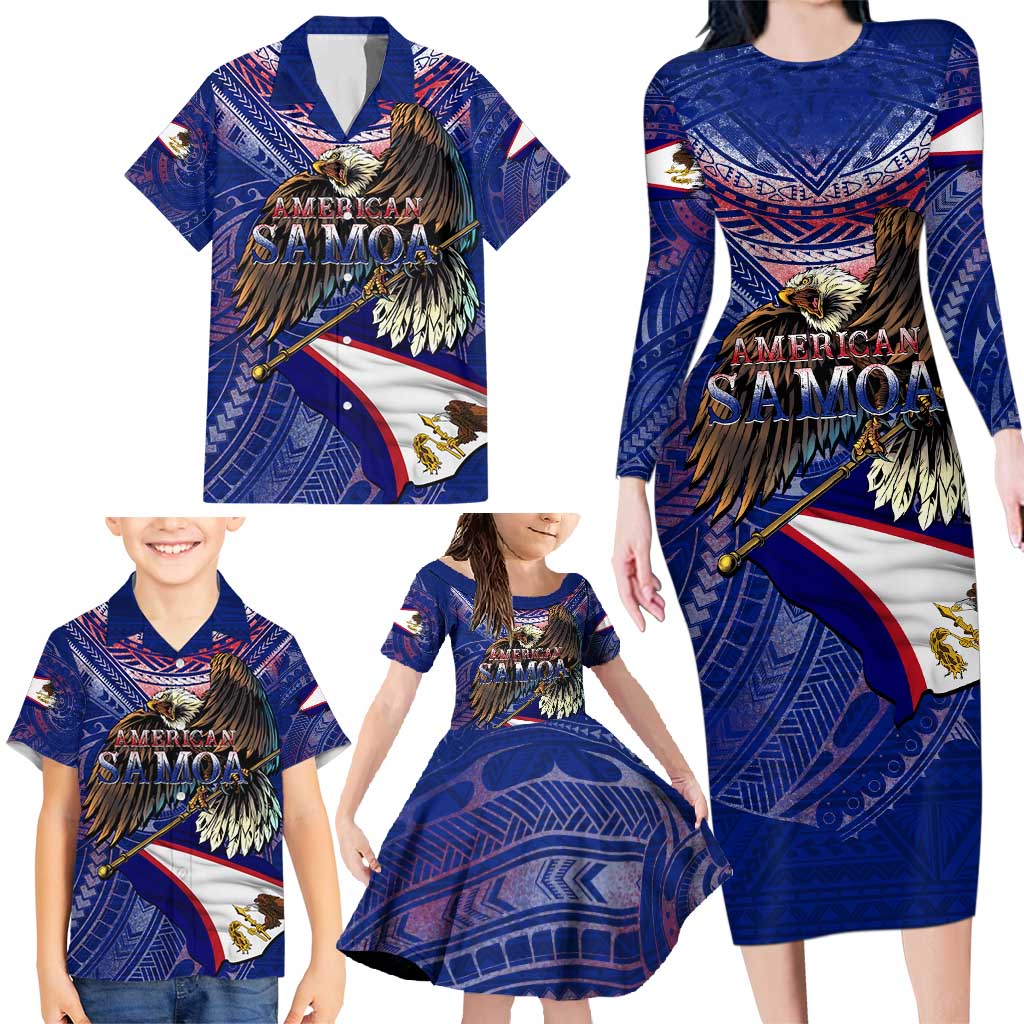 American Samoa Family Matching Long Sleeve Bodycon Dress and Hawaiian Shirt Brave Eagle Flag Color DT02 - Polynesian Pride