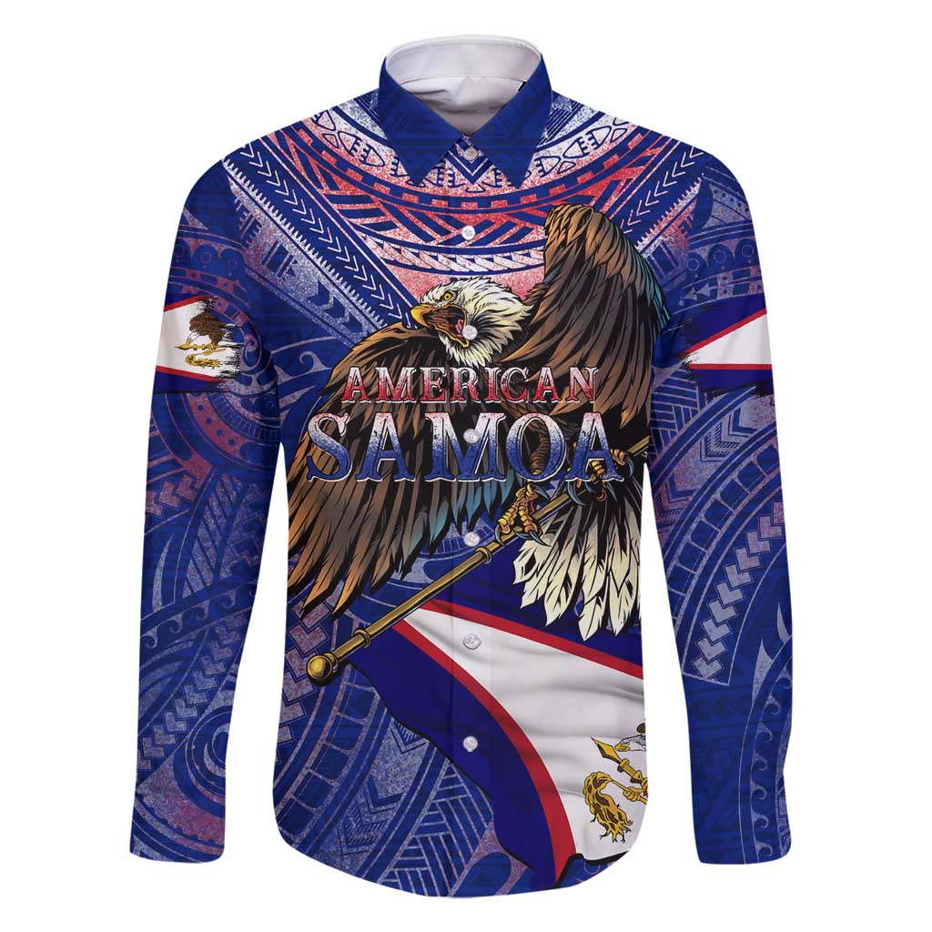 American Samoa Family Matching Long Sleeve Bodycon Dress and Hawaiian Shirt Brave Eagle Flag Color DT02 Dad's Shirt - Long Sleeve Blue - Polynesian Pride
