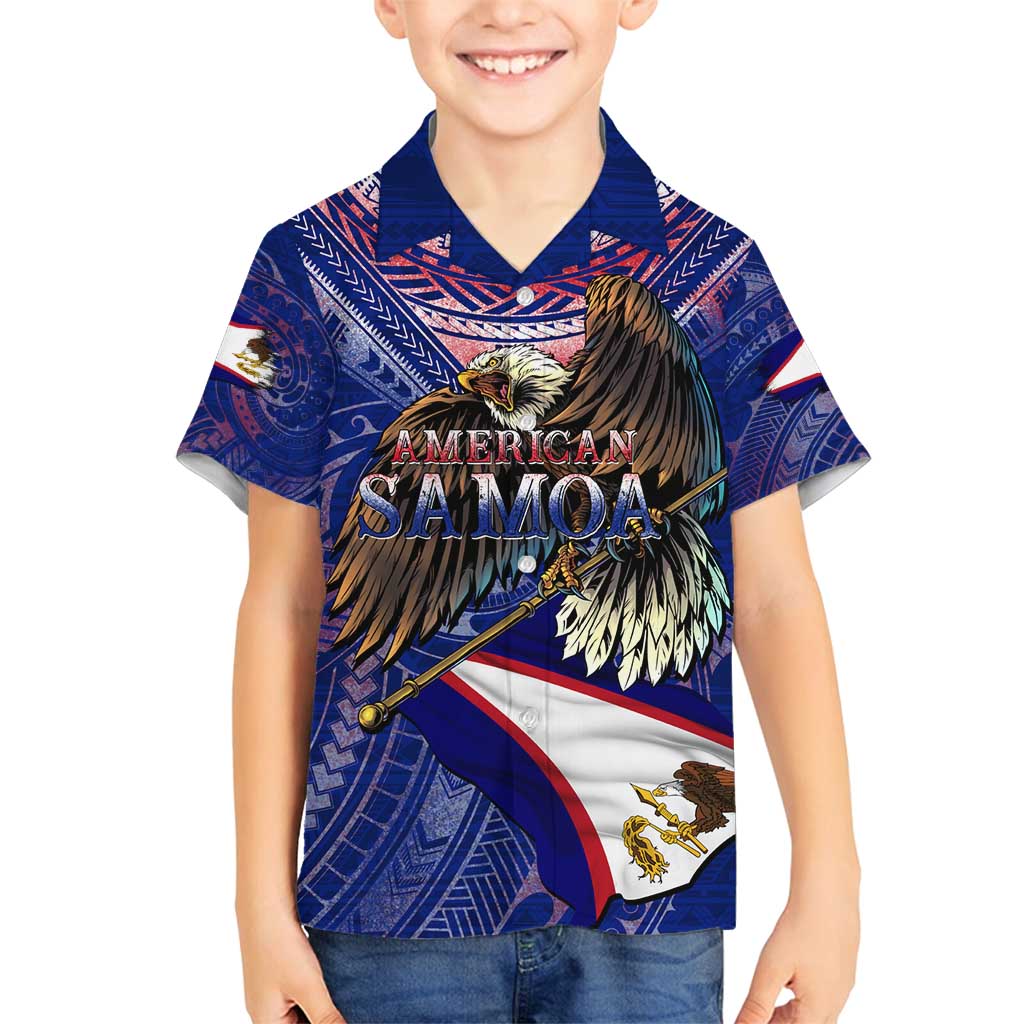 American Samoa Family Matching Long Sleeve Bodycon Dress and Hawaiian Shirt Brave Eagle Flag Color DT02 Son's Shirt Blue - Polynesian Pride