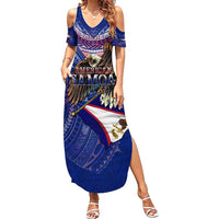 American Samoa Family Matching Summer Maxi Dress and Hawaiian Shirt Brave Eagle Flag Color