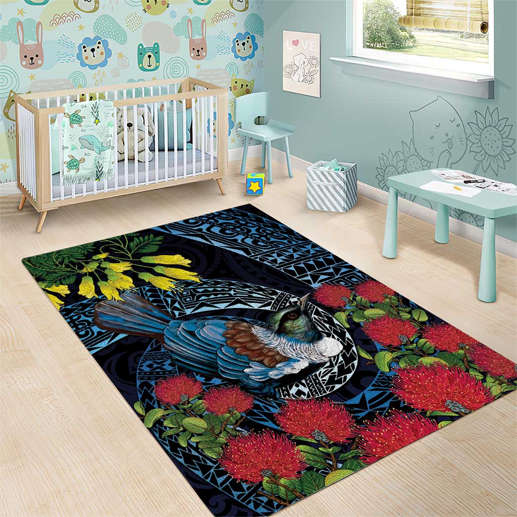 New Zealand Tui Bird Area Rug Maori Koru Mix Pohutukawa