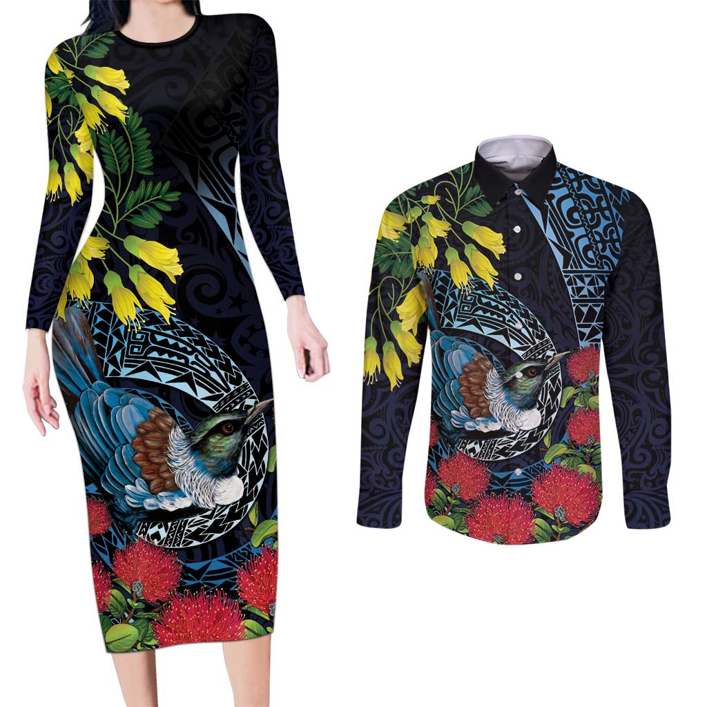 New Zealand Tui Bird Couples Matching Long Sleeve Bodycon Dress and Long Sleeve Button Shirt Maori Koru Mix Pohutukawa DT04 Black - Polynesian Pride