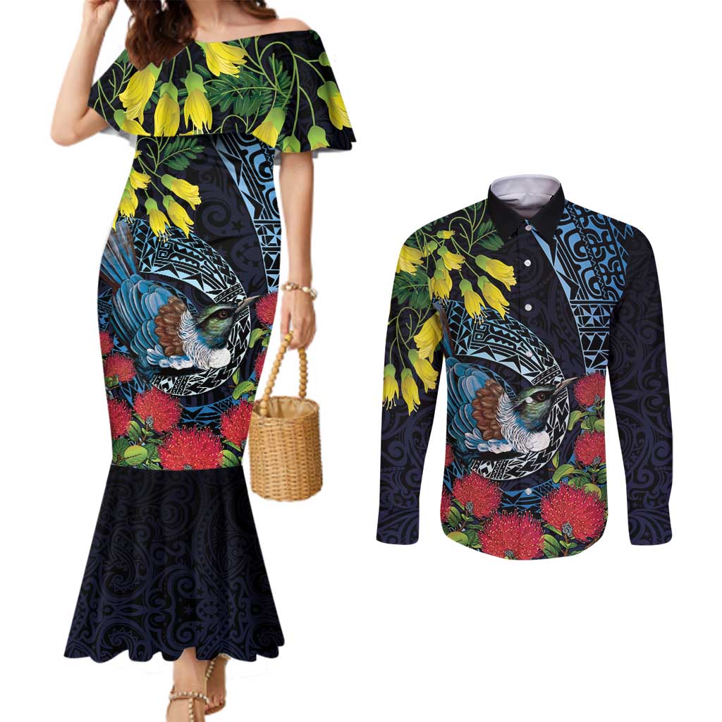 New Zealand Tui Bird Couples Matching Mermaid Dress and Long Sleeve Button Shirt Maori Koru Mix Pohutukawa DT04 Black - Polynesian Pride