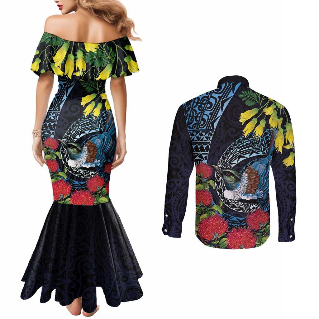 New Zealand Tui Bird Couples Matching Mermaid Dress and Long Sleeve Button Shirt Maori Koru Mix Pohutukawa DT04 - Polynesian Pride