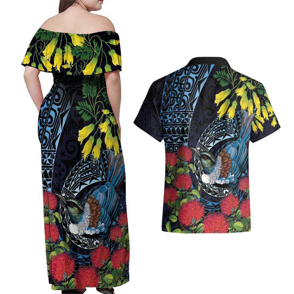 New Zealand Tui Bird Couples Matching Off Shoulder Maxi Dress and Hawaiian Shirt Maori Koru Mix Pohutukawa DT04 - Polynesian Pride