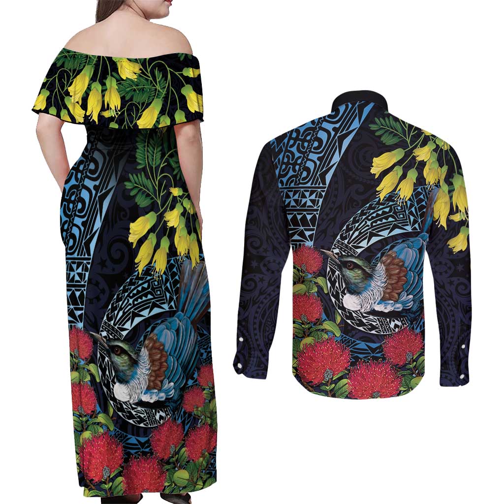 New Zealand Tui Bird Couples Matching Off Shoulder Maxi Dress and Long Sleeve Button Shirt Maori Koru Mix Pohutukawa DT04 - Polynesian Pride