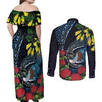 New Zealand Tui Bird Couples Matching Off Shoulder Maxi Dress and Long Sleeve Button Shirt Maori Koru Mix Pohutukawa DT04 - Polynesian Pride