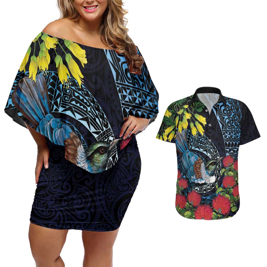 New Zealand Tui Bird Couples Matching Off Shoulder Short Dress and Hawaiian Shirt Maori Koru Mix Pohutukawa DT04 Black - Polynesian Pride