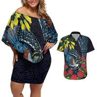 New Zealand Tui Bird Couples Matching Off Shoulder Short Dress and Hawaiian Shirt Maori Koru Mix Pohutukawa DT04 Black - Polynesian Pride