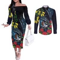 New Zealand Tui Bird Couples Matching Off The Shoulder Long Sleeve Dress and Long Sleeve Button Shirt Maori Koru Mix Pohutukawa DT04 Black - Polynesian Pride
