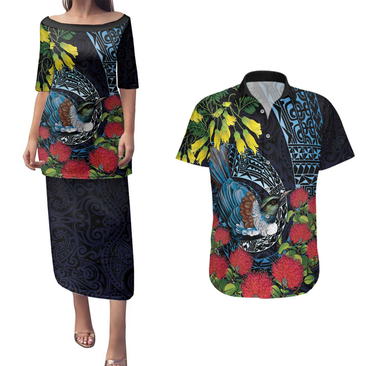 New Zealand Tui Bird Couples Matching Puletasi and Hawaiian Shirt Maori Koru Mix Pohutukawa DT04 Black - Polynesian Pride