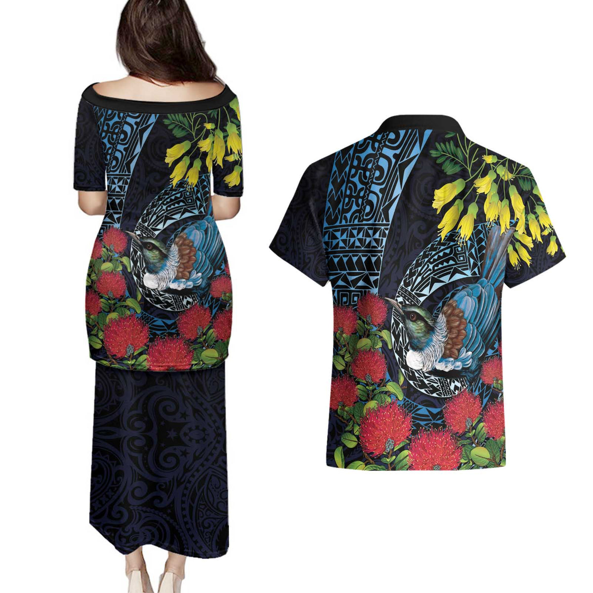New Zealand Tui Bird Couples Matching Puletasi and Hawaiian Shirt Maori Koru Mix Pohutukawa DT04 - Polynesian Pride