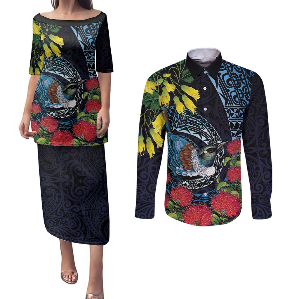 New Zealand Tui Bird Couples Matching Puletasi and Long Sleeve Button Shirt Maori Koru Mix Pohutukawa