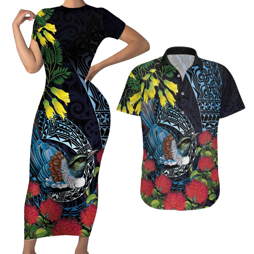 New Zealand Tui Bird Couples Matching Short Sleeve Bodycon Dress and Hawaiian Shirt Maori Koru Mix Pohutukawa DT04 Black - Polynesian Pride