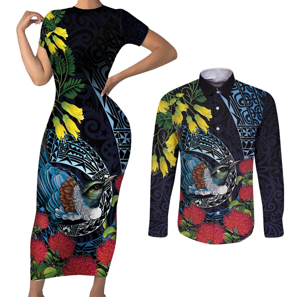 New Zealand Tui Bird Couples Matching Short Sleeve Bodycon Dress and Long Sleeve Button Shirt Maori Koru Mix Pohutukawa DT04 Black - Polynesian Pride