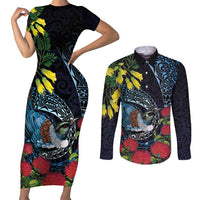 New Zealand Tui Bird Couples Matching Short Sleeve Bodycon Dress and Long Sleeve Button Shirt Maori Koru Mix Pohutukawa DT04 Black - Polynesian Pride