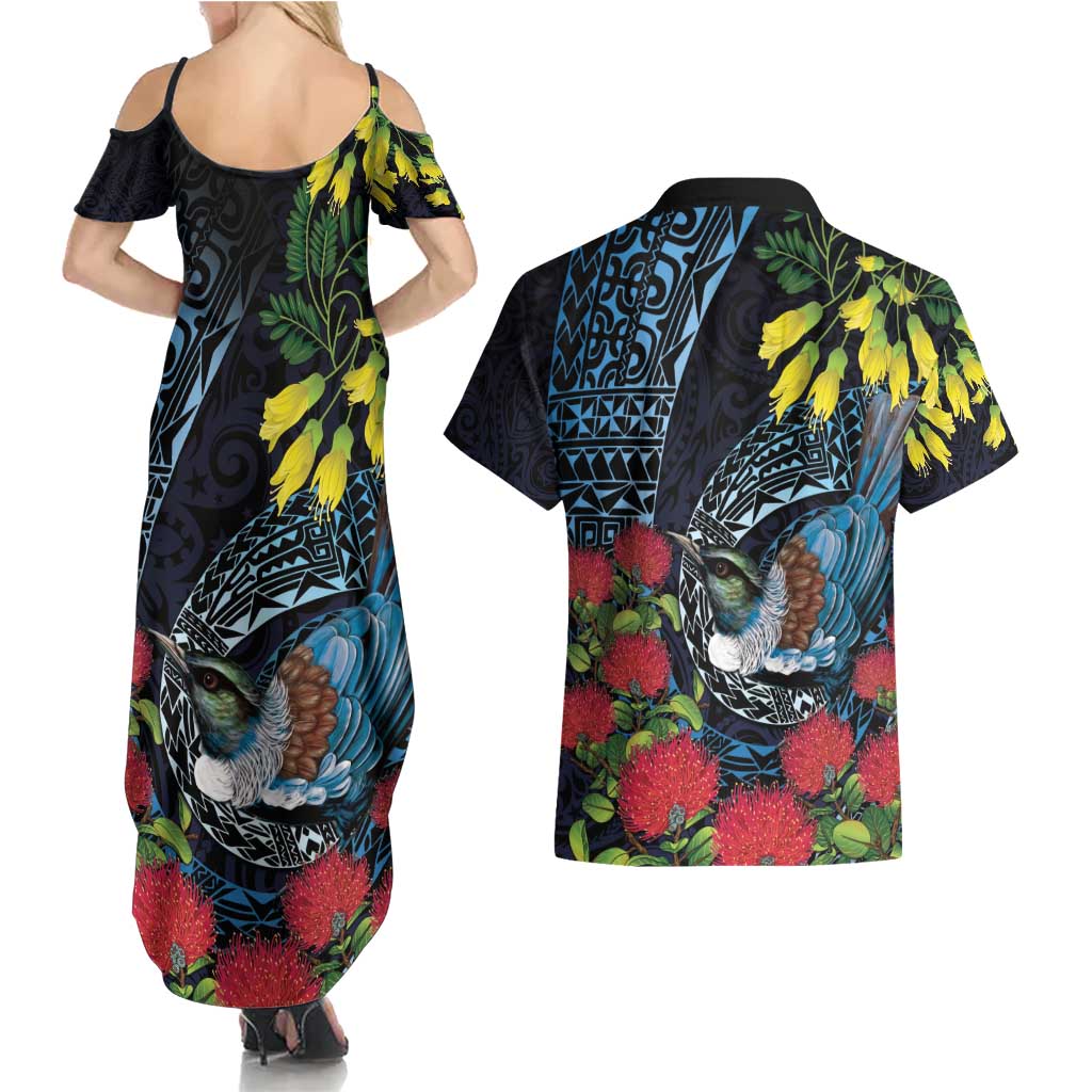 New Zealand Tui Bird Couples Matching Summer Maxi Dress and Hawaiian Shirt Maori Koru Mix Pohutukawa DT04 - Polynesian Pride