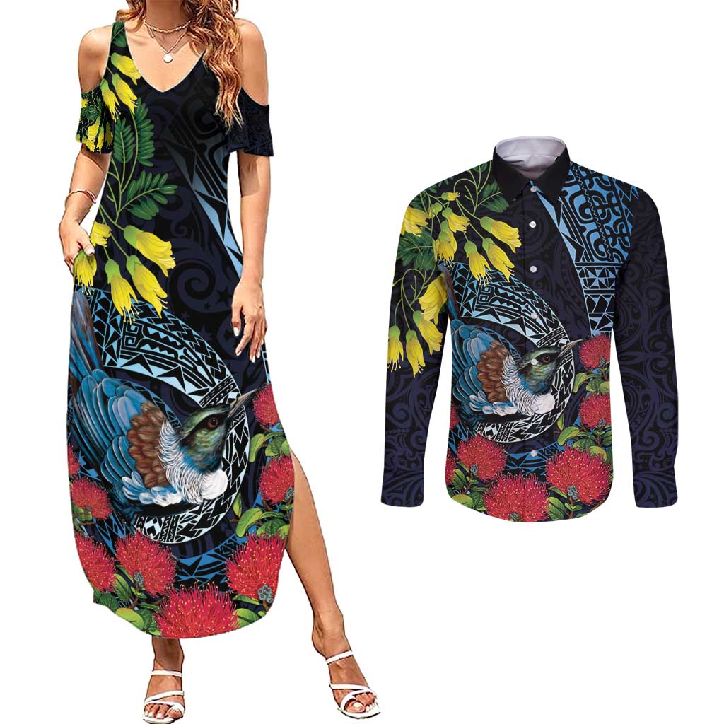 New Zealand Tui Bird Couples Matching Summer Maxi Dress and Long Sleeve Button Shirt Maori Koru Mix Pohutukawa DT04 Black - Polynesian Pride