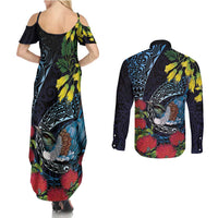 New Zealand Tui Bird Couples Matching Summer Maxi Dress and Long Sleeve Button Shirt Maori Koru Mix Pohutukawa DT04 - Polynesian Pride
