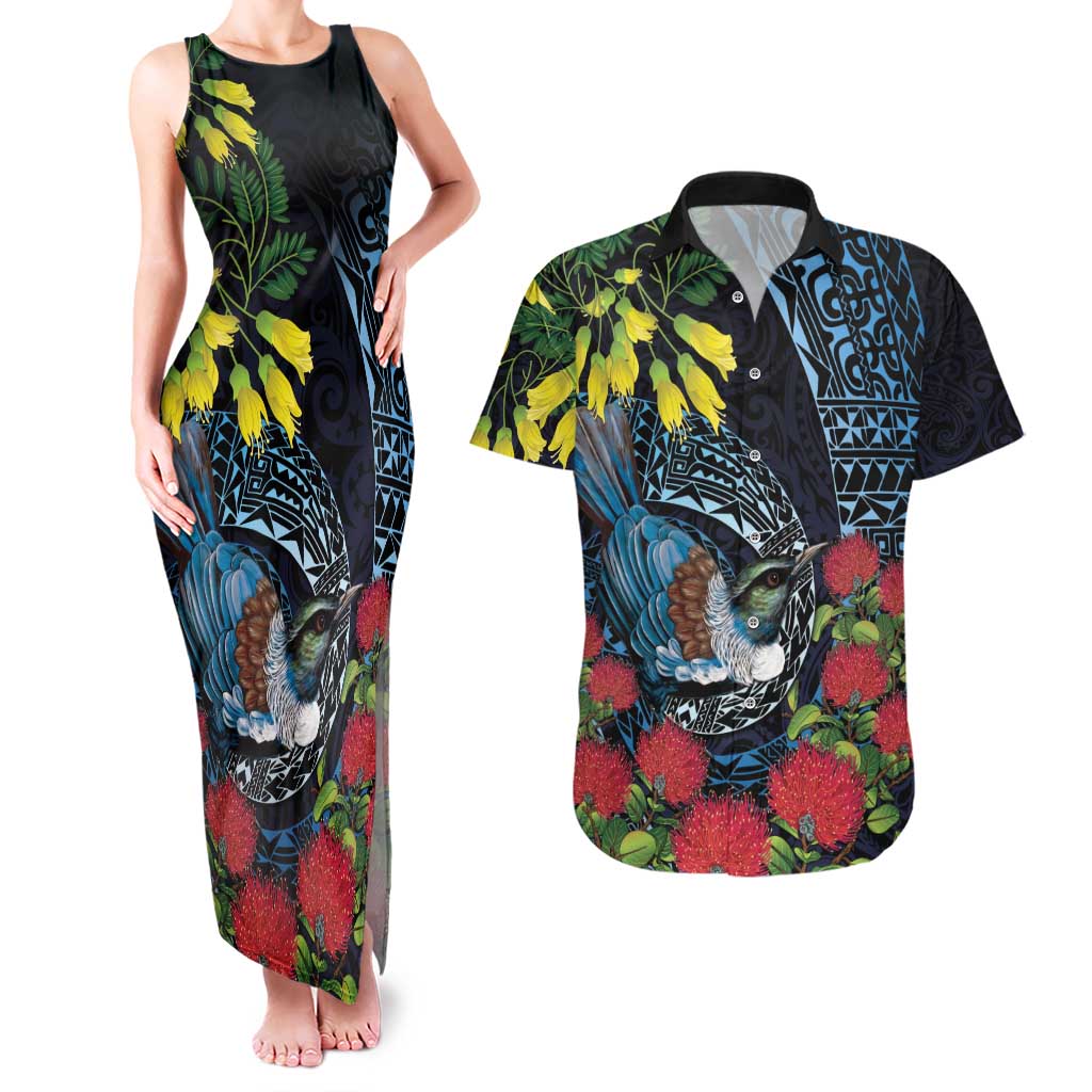 New Zealand Tui Bird Couples Matching Tank Maxi Dress and Hawaiian Shirt Maori Koru Mix Pohutukawa DT04 Black - Polynesian Pride