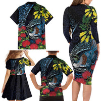 New Zealand Tui Bird Family Matching Long Sleeve Bodycon Dress and Hawaiian Shirt Maori Koru Mix Pohutukawa DT04 - Polynesian Pride