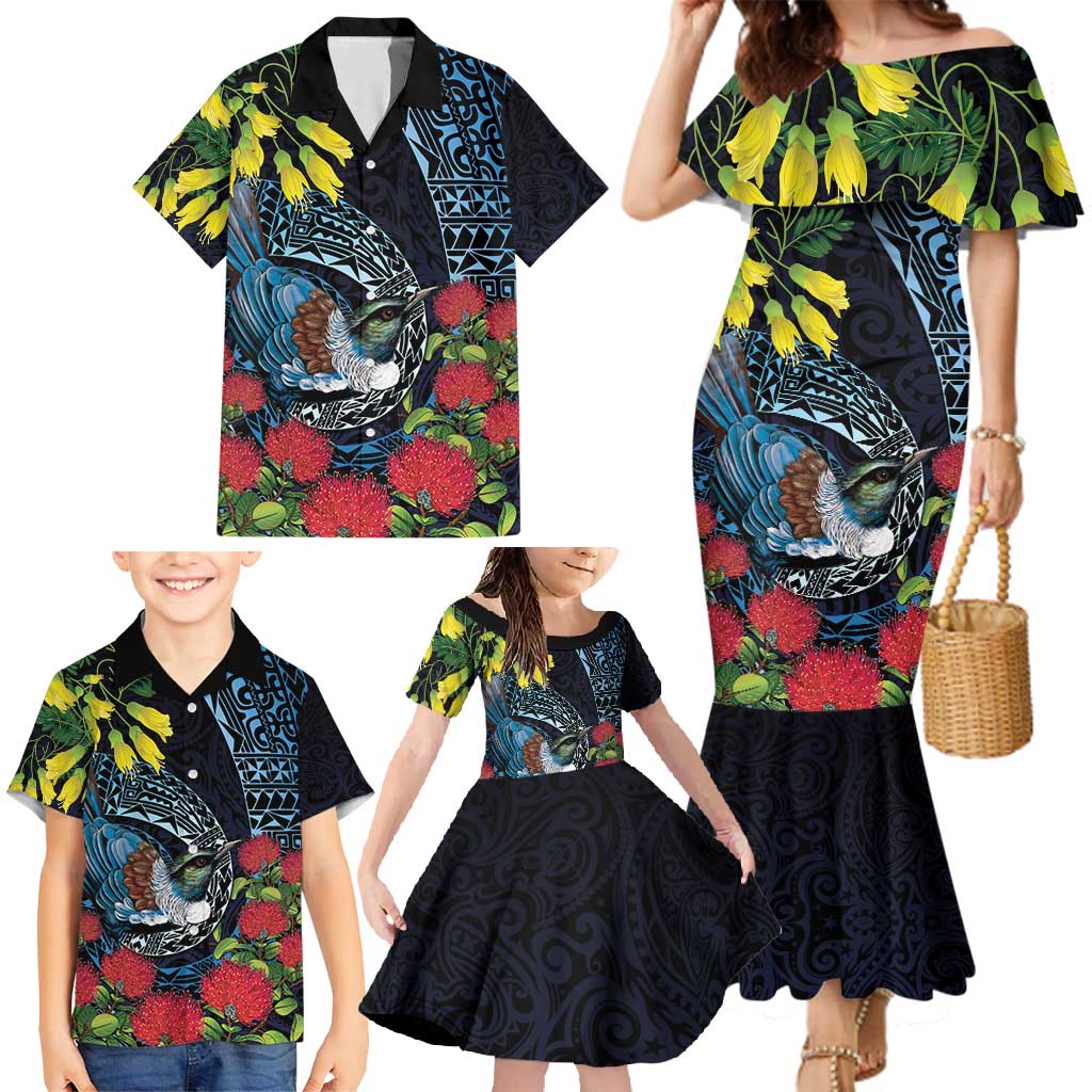 New Zealand Tui Bird Family Matching Mermaid Dress and Hawaiian Shirt Maori Koru Mix Pohutukawa DT04 - Polynesian Pride